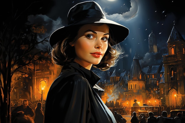 Foto città notturna dove una donna con un cappello a bordi grandi