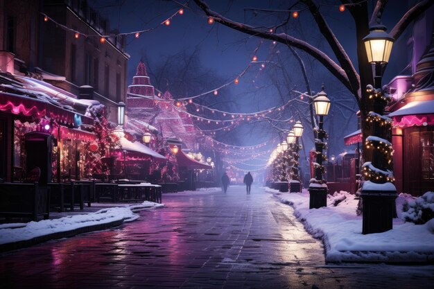 写真 夜の街冬の雪に覆われた通りはクリスマスのために輝く花束とランタンで装飾されています