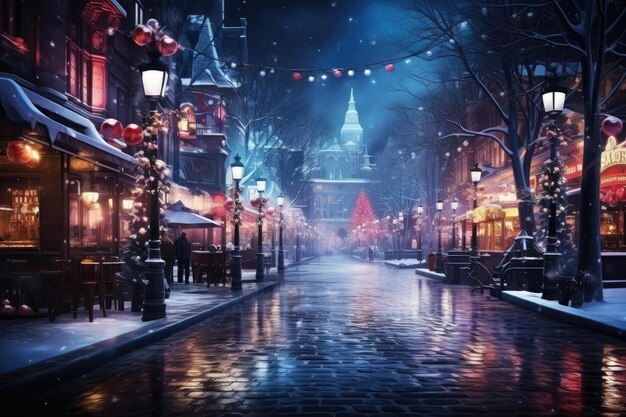 Night city winter snowy street decorated with luminous garlands and lanterns for Christmas