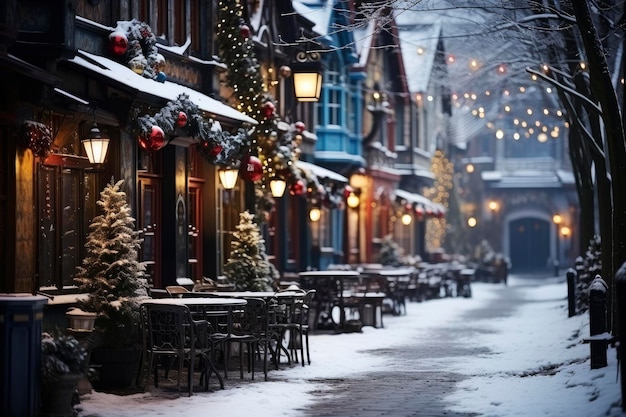 Photo night city winter snowy street decorated with luminous garlands and lanterns for christmas