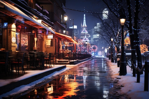Ночная городская зимняя снежная улица, украшенная светящимися гирляндами и фонарями на Рождество