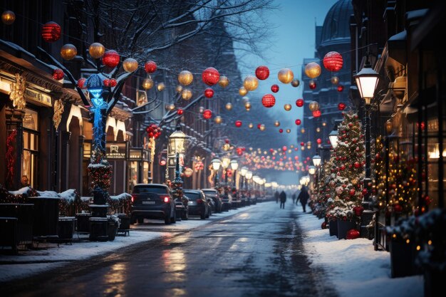 Night city winter snowy street decorated with luminous garlands and lanterns for Christmas