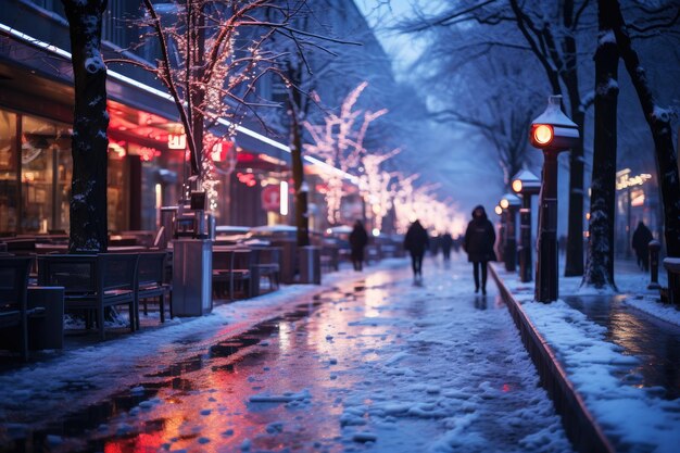 Photo night city winter snowy street decorated with luminous garlands and lanterns for christmas