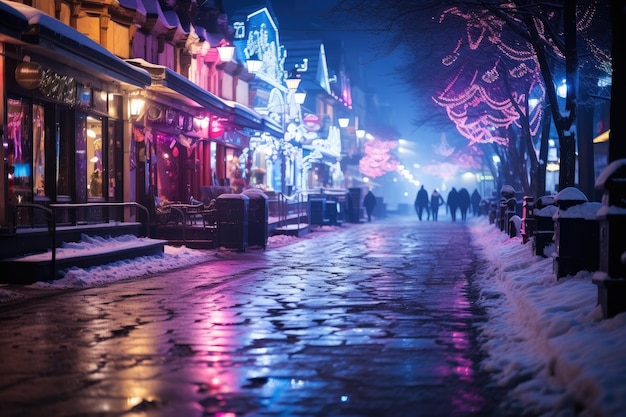 Photo night city winter snowy street decorated with luminous garlands and lanterns for christmas