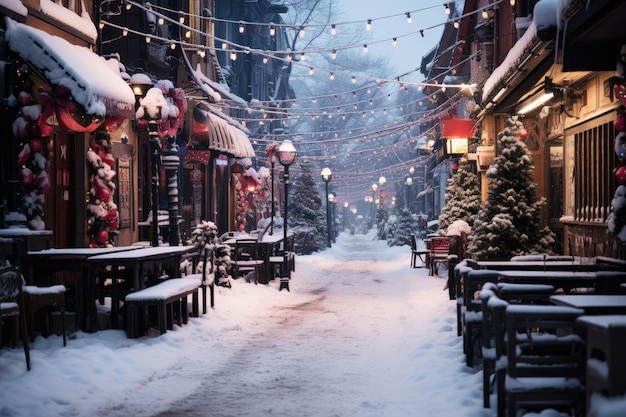 Photo night city winter snowy street decorated with luminous garlands and lanterns for christmas