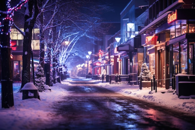 Photo night city winter snowy street decorated with luminous garlands and lanterns for christmas