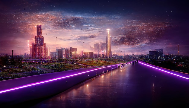 Night city with buildings and an empty road with a purple glow