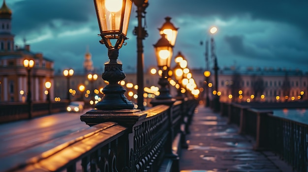 Ночной город с декоративными фонарями