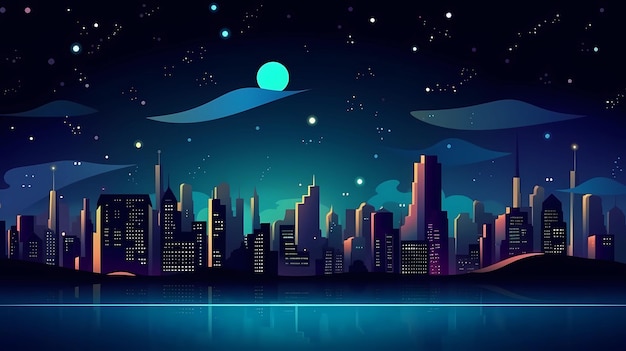 A night city with a moon and stars.