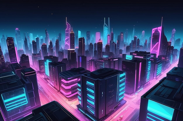 Ночной город с неоновым светящимся освещением вид с крыши современные футуристические архитектурные здания мегаполиса