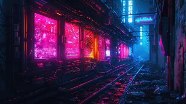 night city with neon lights and graffiti