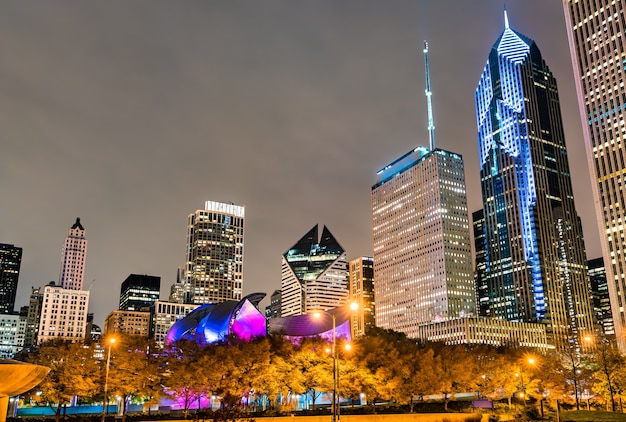 Night Cityscape Of Chicago At Millennium Park In Illinois United States