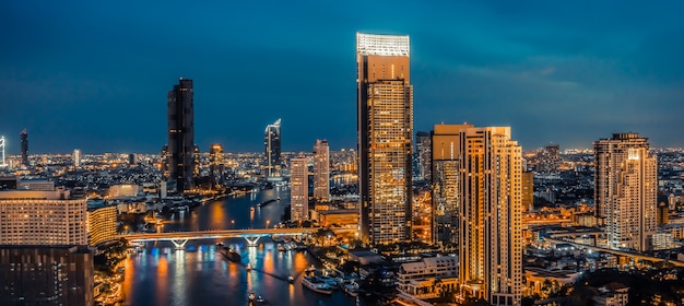 Night cityscape and high-rise buildings in metropolis city center