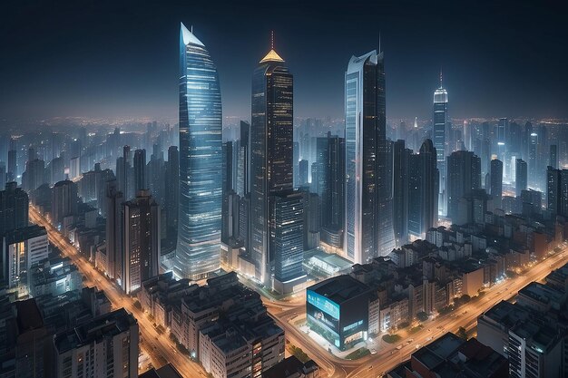 Night cityscape and highrise buildings in metropolis city center