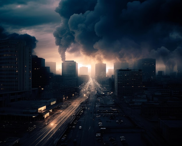 Paesaggio urbano notturno della metropoli moderna gli edifici a più piani sono in fiamme e il fumo sale nell'aria risultato dell'attacco missilistico ia generativa