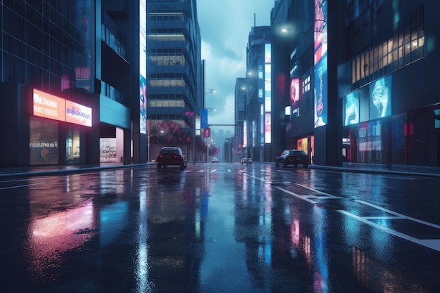 Night cityscape with billboards and advertisements in a modern business district with reflections from puddles on the street 3D rendering