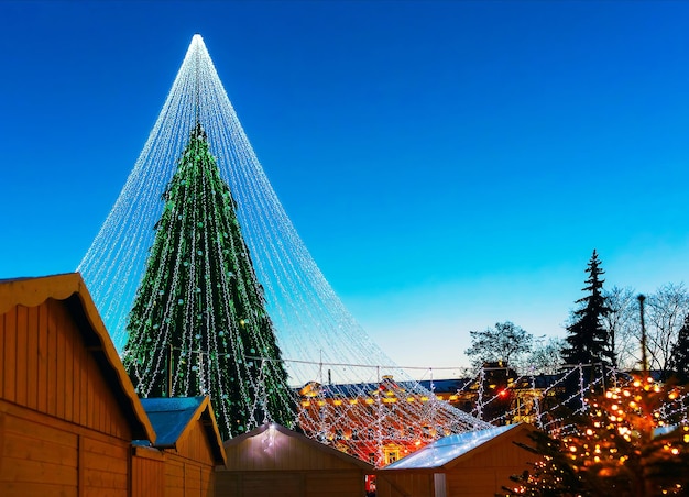 리투아니아 윈터 빌뉴스의 대성당 광장에서 크리스마스 마켓이 있는 밤의 풍경. 시장에서 공예품이 있는 Advent Fair 장식 및 포장 마차. 리투아니아 거리. 선택한 초점