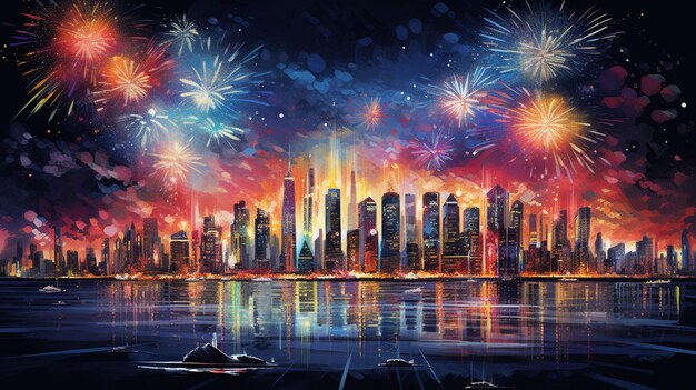 Night cityscape with firework display illuminating