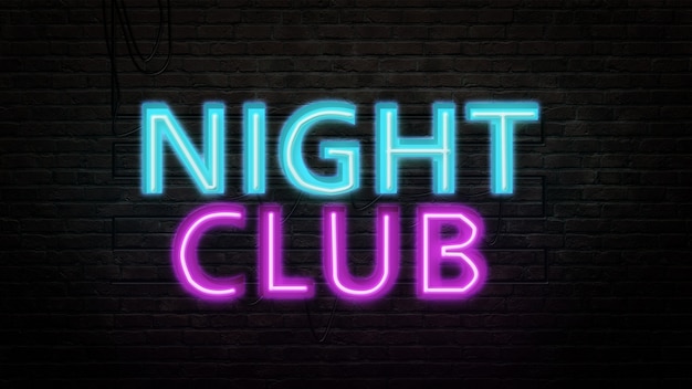 Night club sign emblem in neon style on brick wall background