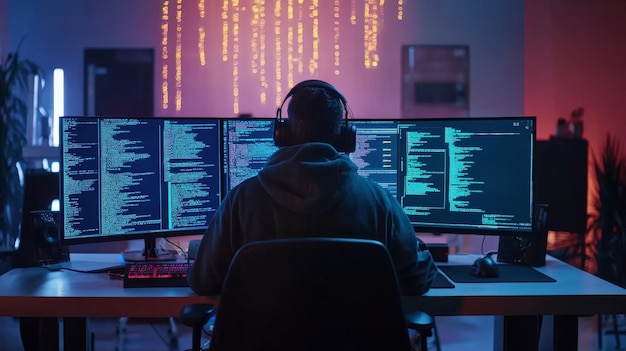 night coder a programmer works late into the night illuminated by the glow of multiple monitors displaying lines of code
