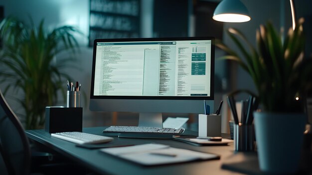 night coder39s workspace with desktop computer displaying code keyboard notebook and plants