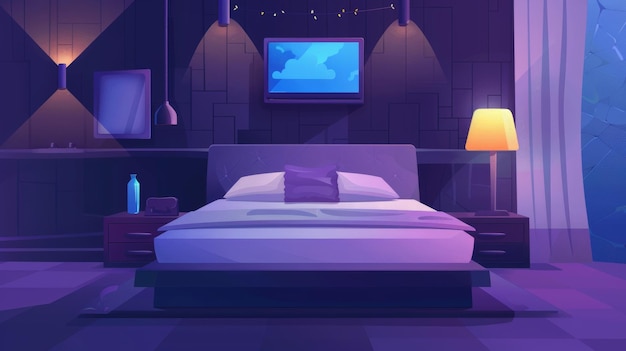 Photo night cozy hotel bedroom cartoon modern interior background empty modern bedroom with garland pillow television and water bottle purple interior design concept