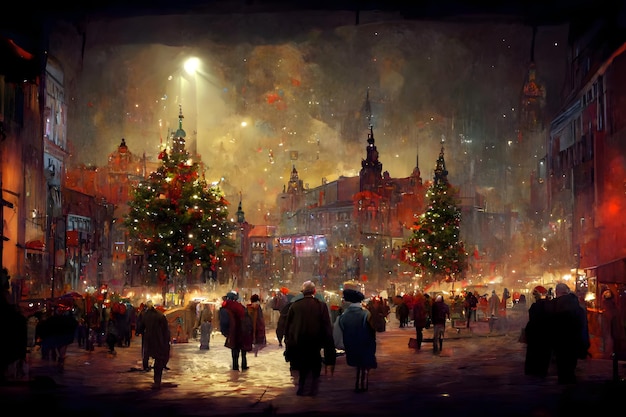 Photo night crowded christmas european town street neural network generated art