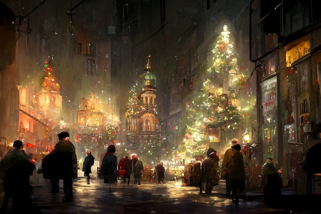 Night crowded christmas european town street neural network generated art