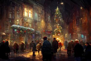 Ночная многолюдная рождественская улица европейского города, нейронная сеть, сгенерированная искусством