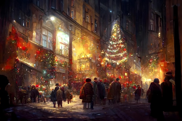 Photo night crowded christmas european town street neural network generated art