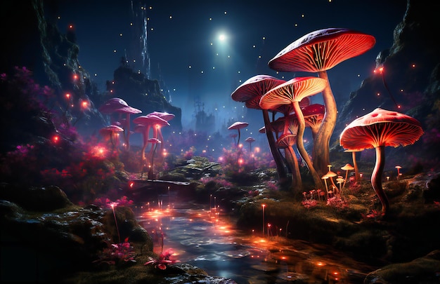 In the night dark fantasy scene with a pink mushroom