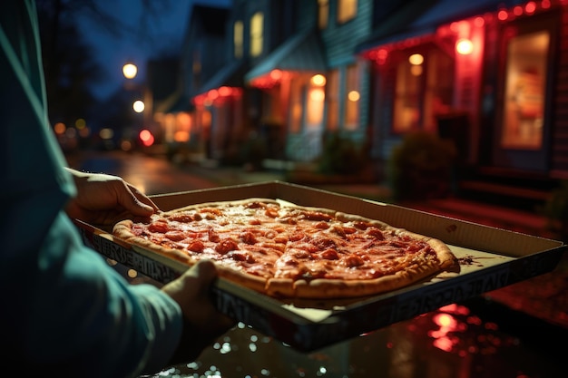 Foto consegna notturna con pizza alla porta ia generativa