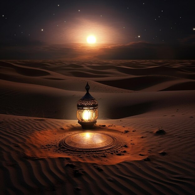 Photo night desert with a islamic lamp