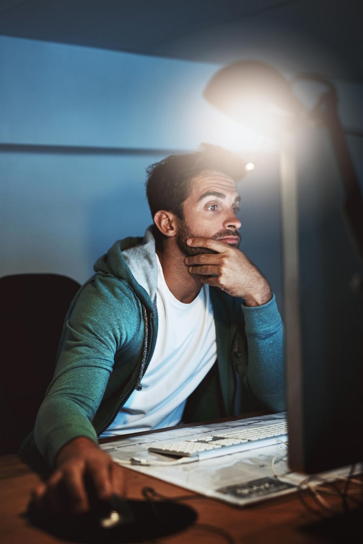 Photo night developer and man on computer for digital software research and web design programming startup problem solving and programmer coding late in office and overtime for cybersecurity network