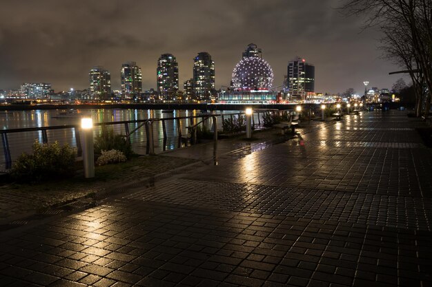 Night Downtown City view during a rainy winter da