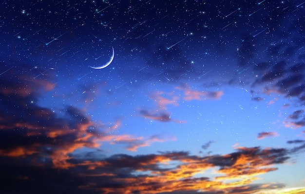 night  dramatic sunset and  moon on  starry sky star  fall wind on blue lilac nebula  with planet