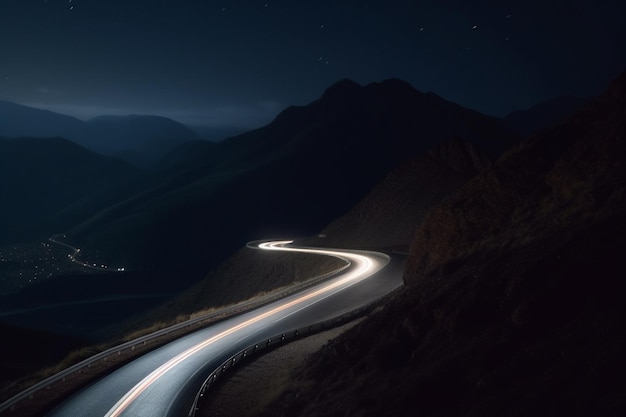 Night Drive on a Curvy Mountain Road with Long Exposure Light Trails