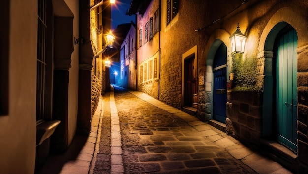 Foto vecchia strada storica vuota di notte con luci incandescenti dal marciapiede di pietre per lastricati in piccolo