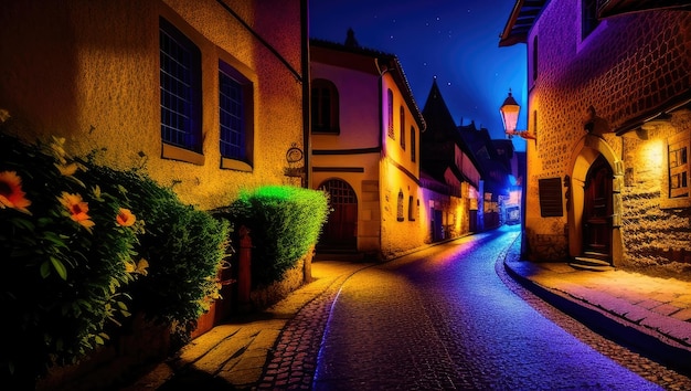 Night empty old historical street with glowing neon lights from the pavement of paving stones in