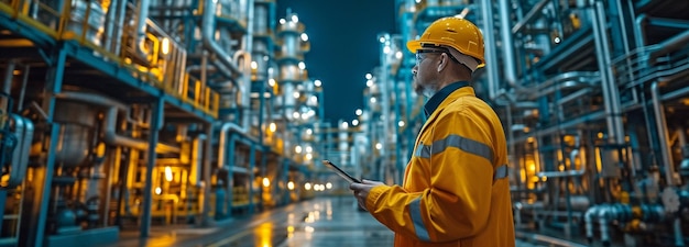 Ночью инженеры используют цифровые планшеты для получения знаний на нефтяных промышленных заводах.