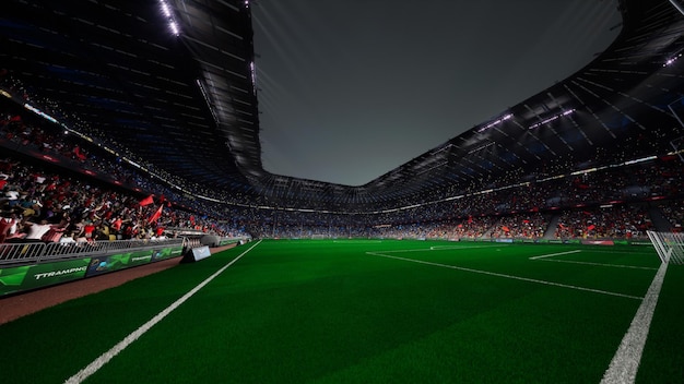 Фото Ночная арена евростадиона пустое поле толпа болельщиков синие и красные флаги команд 4k рендеринг