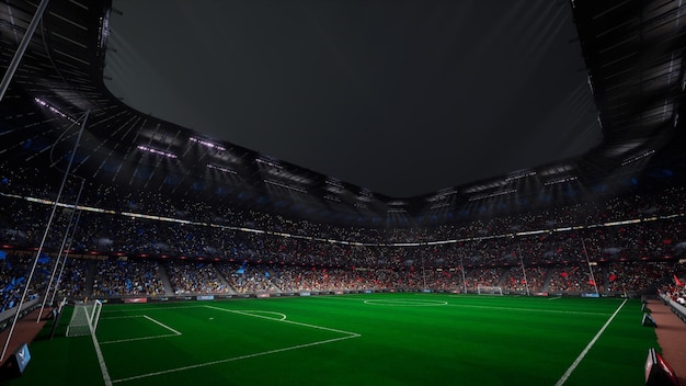 Фото Ночная арена евростадиона пустое поле толпа болельщиков синие и красные флаги команд 4k рендеринг