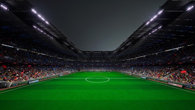 Foto notte euro stadium arena campo vuoto fan folla bandiere blu e rosse della squadra rendering 4k