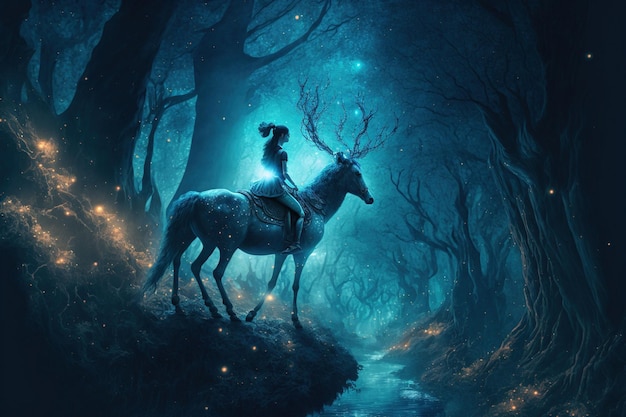 Night fantasy image of mystic woman riding deer in magical forest illumination