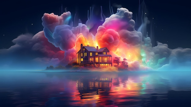 Night Fantasy Landscape With Abstract Island Rainbow