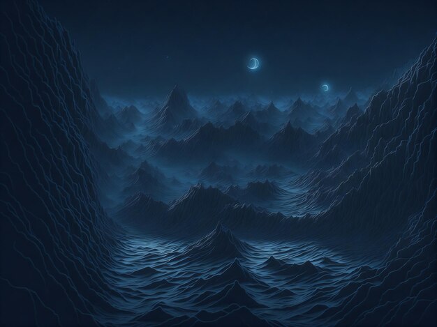 Night fantasy landscape with sea waves and moon