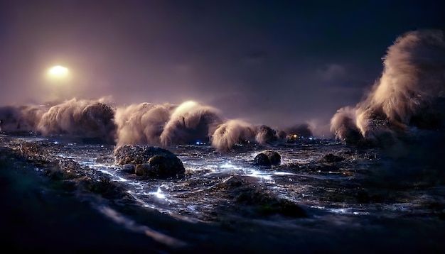 Night fantasy seascape with beautiful waves and foam Night view of the ocean Neon foam on water waves Reflection in the water of the starry sky 3D illustration