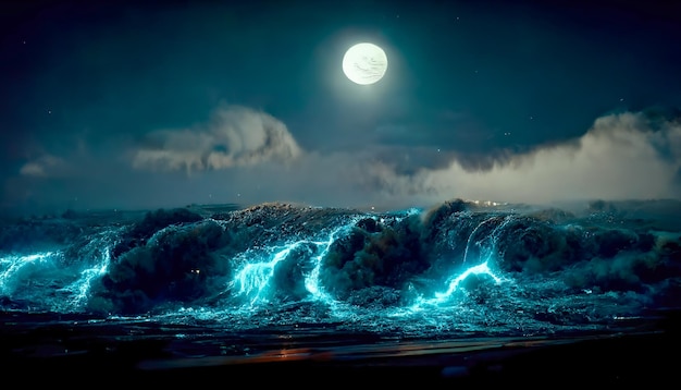 Night fantasy seascape with beautiful waves and foam Night view of the ocean Neon foam on water waves Reflection in the water of the starry sky 3D illustration