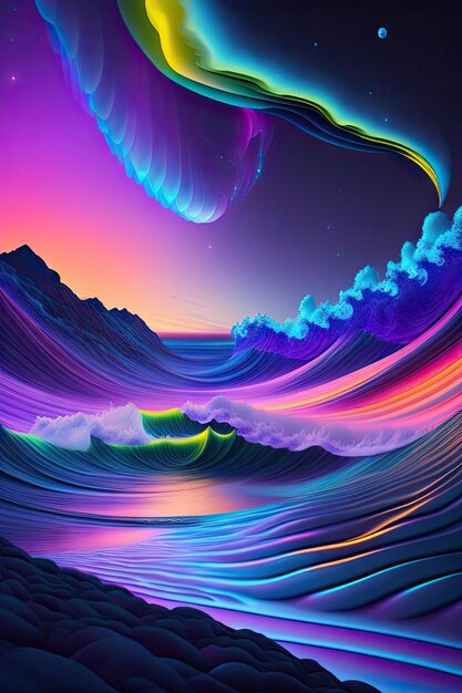 Night fantasy seascape with futuristic waves and foam neon foam on water waves digital artwork