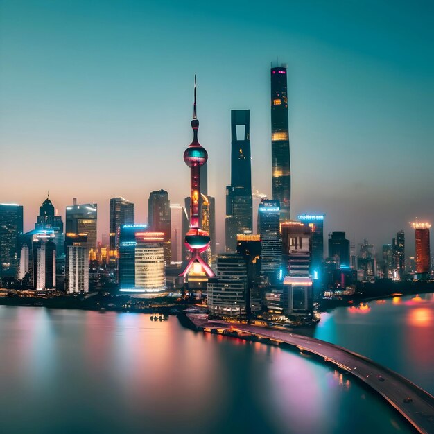 Foto di notte ponti pedonali e grattacieli a shanghai, in cina